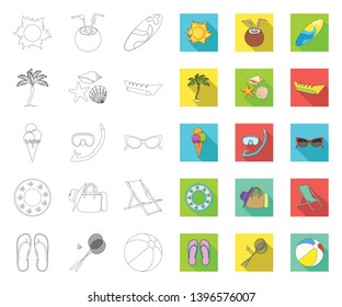 Summer rest outline,flat icons in set collection  design. Beach accessory vector symbol stock web illustration.