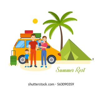 Summer rest and relaxation. Young family of four, went on a travel in the summer in his car, with the luggage, outdoor activities together. Vector illustration.