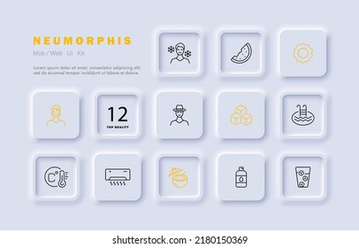 Summer rest set icon. Cold, heat, air conditioning, watermelon, sun, ice, pool, cocktail, sun cream. Vacation concept. Neomorphism style. Vector line icon for Business and Advertising