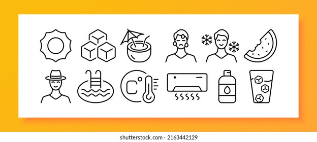 Summer rest set icon. Sun, ice cubes, cocktail, heat, cold, watermelon, pool, air conditioning, spray, sunscreen. Relax concept. Vector line icon for Business and Advertising