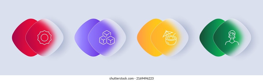 Summer rest set icon. Sun, lifebuoy, heat, cocktail, drink, ice, coolness, bowling hot, water, sweat, perspiration. Vacation concept. Glassmorphism style. Vector line icon for Business and Advertising