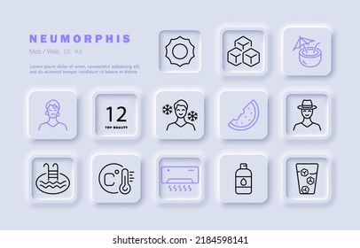 Summer rest set icon. Sun, ice cube, cocktail, sweat, snowflake, cold, heat, watermelon, hat, swimming pool, thermometer, air conditioner, water, spf. Vacation concept. Neomorphism. Vector line icon.