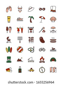 Summer Rest Sign Color Thin Line Icon Set Include of Umbrella, Cocktail, Cream and Sunglasses. Vector illustration of Icons