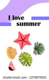 Summer rest. Starfish, seashell, leaves of tropical plants. Vector background