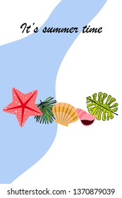 Summer rest. Starfish, seashell, leaves of tropical plants. Vector background