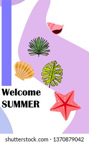 Summer rest. Starfish, seashell, leaves of tropical plants. Vector background