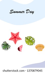 Summer rest. Starfish, seashell, leaves of tropical plants. Vector background