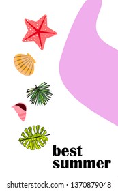 Summer rest. Starfish, seashell, leaves of tropical plants. Vector background