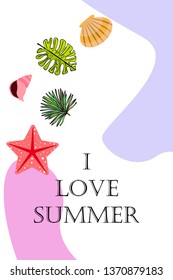 Summer rest. Starfish, seashell, leaves of tropical plants. Vector background