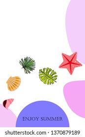 Summer rest. Starfish, seashell, leaves of tropical plants. Vector background