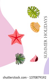 Summer rest. Starfish, seashell, leaves of tropical plants. Vector background