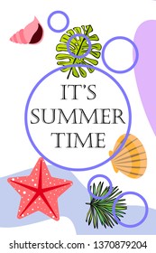 Summer rest. Starfish, seashell, leaves of tropical plants. Vector background