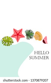 Summer rest. Starfish, seashell, leaves of tropical plants. Vector background