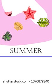 Summer rest. Starfish, seashell, leaves of tropical plants. Vector background