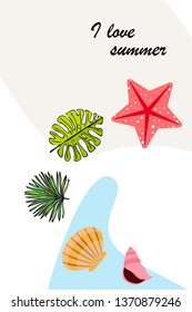 Summer rest. Starfish, seashell, leaves of tropical plants. Vector background
