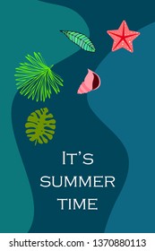 Summer rest. Starfish, seashell, leaves of tropical plants. Vector background