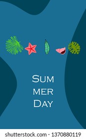 Summer rest. Starfish, seashell, leaves of tropical plants. Vector background