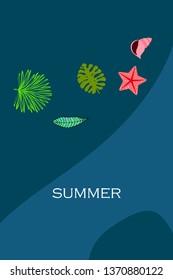Summer rest. Starfish, seashell, leaves of tropical plants. Vector background