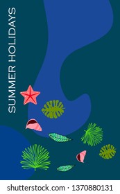 Summer rest. Starfish, seashell, leaves of tropical plants. Vector background