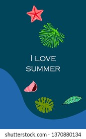 Summer rest. Starfish, seashell, leaves of tropical plants. Vector background