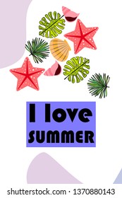 Summer rest. Starfish, seashell, leaves of tropical plants. Vector background