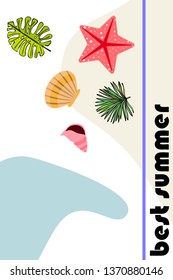 Summer rest. Starfish, seashell, leaves of tropical plants. Vector background