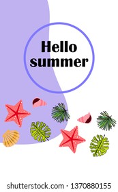 Summer rest. Starfish, seashell, leaves of tropical plants. Vector background
