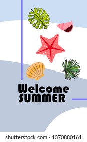 Summer rest. Starfish, seashell, leaves of tropical plants. Vector background
