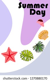 Summer rest. Starfish, seashell, leaves of tropical plants. Vector background