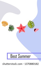 Summer rest. Starfish, seashell, leaves of tropical plants. Vector background