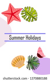 Summer rest. Starfish, seashell, leaves of tropical plants. Vector background