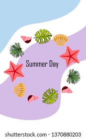 Summer rest. Starfish, seashell, leaves of tropical plants. Vector background