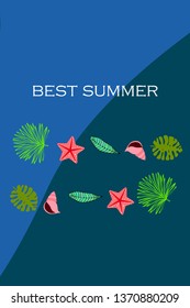 Summer rest. Starfish, seashell, leaves of tropical plants. Vector background