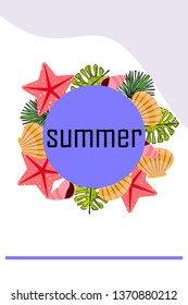 Summer rest. Starfish, seashell, leaves of tropical plants. Vector background