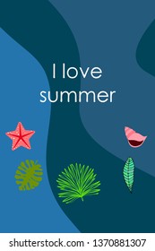 Summer rest. Starfish, seashell, leaves of tropical plants. Vector background