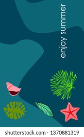 Summer rest. Starfish, seashell, leaves of tropical plants. Vector background