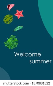 Summer rest. Starfish, seashell, leaves of tropical plants. Vector background