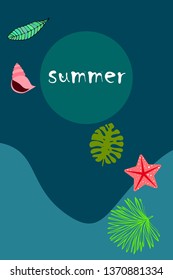 Summer rest. Starfish, seashell, leaves of tropical plants. Vector background