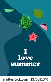 Summer rest. Starfish, seashell, leaves of tropical plants. Vector background