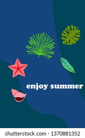 Summer rest. Starfish, seashell, leaves of tropical plants. Vector background