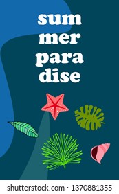 Summer rest. Starfish, seashell, leaves of tropical plants. Vector background