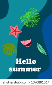 Summer rest. Starfish, seashell, leaves of tropical plants. Vector background