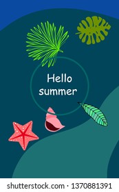 Summer rest. Starfish, seashell, leaves of tropical plants. Vector background