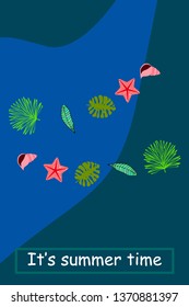 Summer rest. Starfish, seashell, leaves of tropical plants. Vector background