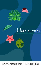 Summer rest. Starfish, seashell, leaves of tropical plants. Vector background