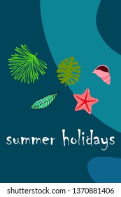 Summer rest. Starfish, seashell, leaves of tropical plants. Vector background