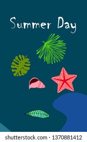 Summer rest. Starfish, seashell, leaves of tropical plants. Vector background