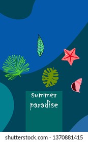 Summer rest. Starfish, seashell, leaves of tropical plants. Vector background