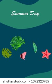 Summer rest. Starfish, seashell, leaves of tropical plants. Vector background