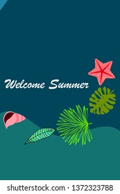 Summer rest. Starfish, seashell, leaves of tropical plants. Vector background